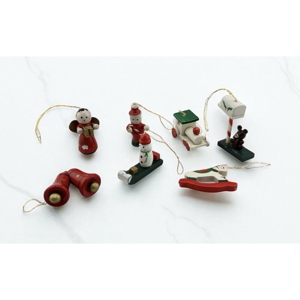 Set of 7 Vintage Wooden Germany Hand Painted Mini Christmas Ornaments